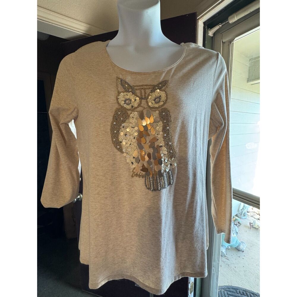 Coldwater Creek XL 16 Embellished Owl Top Sequin Beaded Long Sleeve Beige